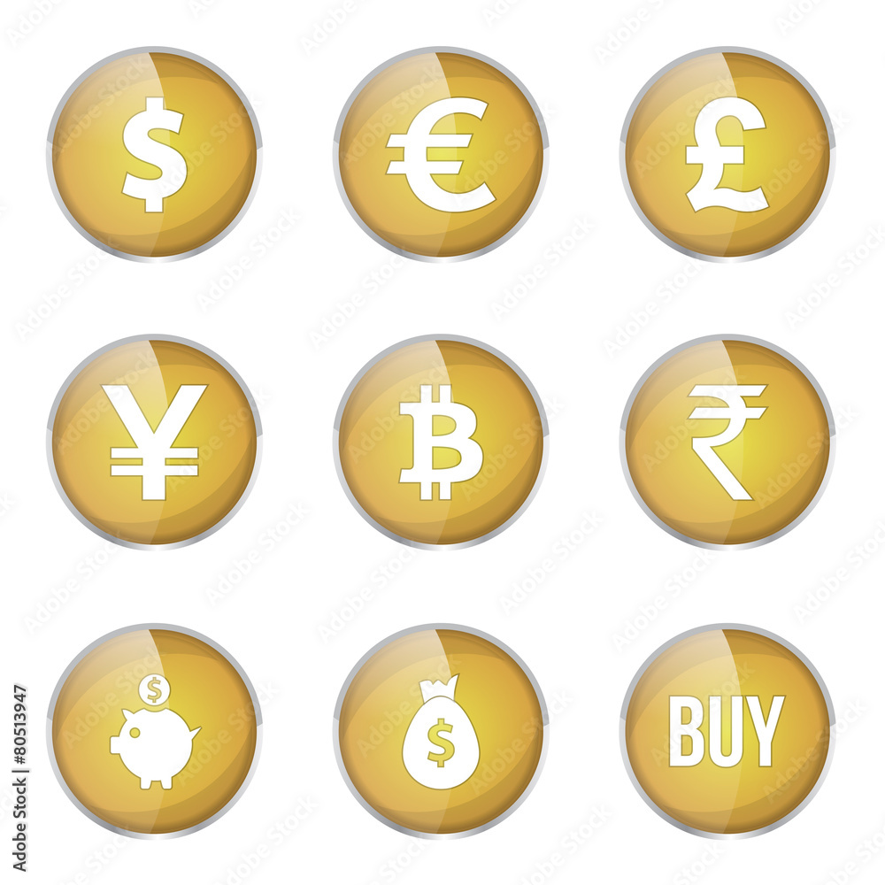 Currency Sign Yellow Vector Button Icon Design Set Currency Sign Yellow Vector Button Icon Design Set