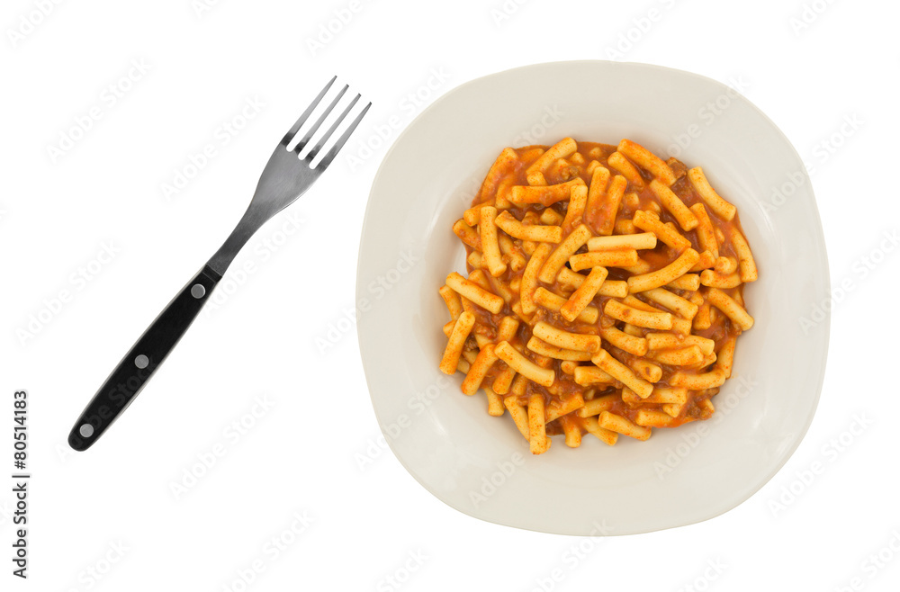 Canned meal on plate with fork