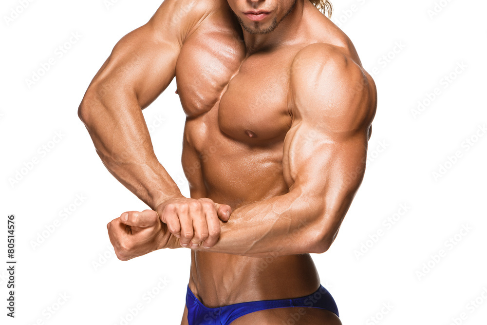 Attractive male body builder on white background