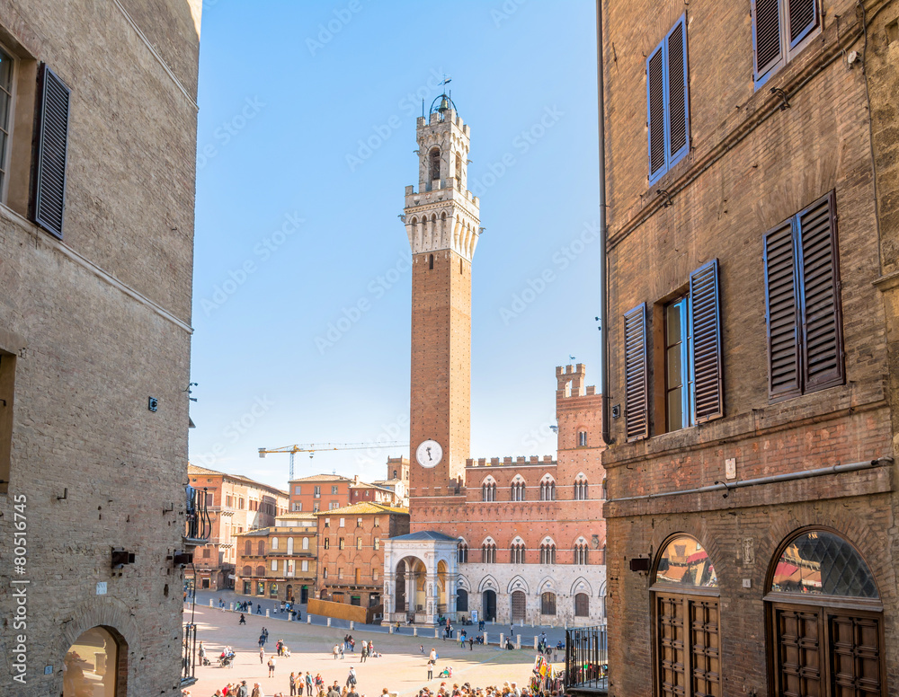 Piazza Campo square and Mangia Tower, Siena, Italy