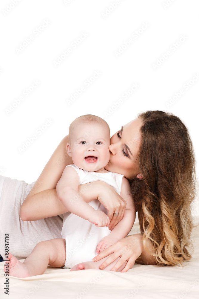 Portrait of happy mother with baby on a white background. Portrait of happy mother with baby on a white background.