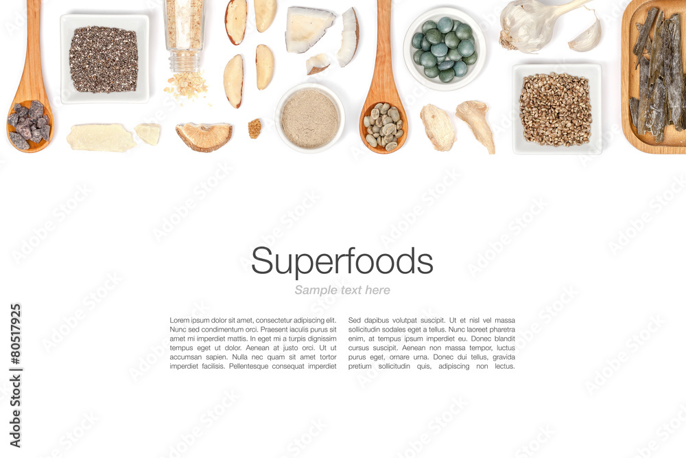 various superfood on white background top view various superfood on white background top view