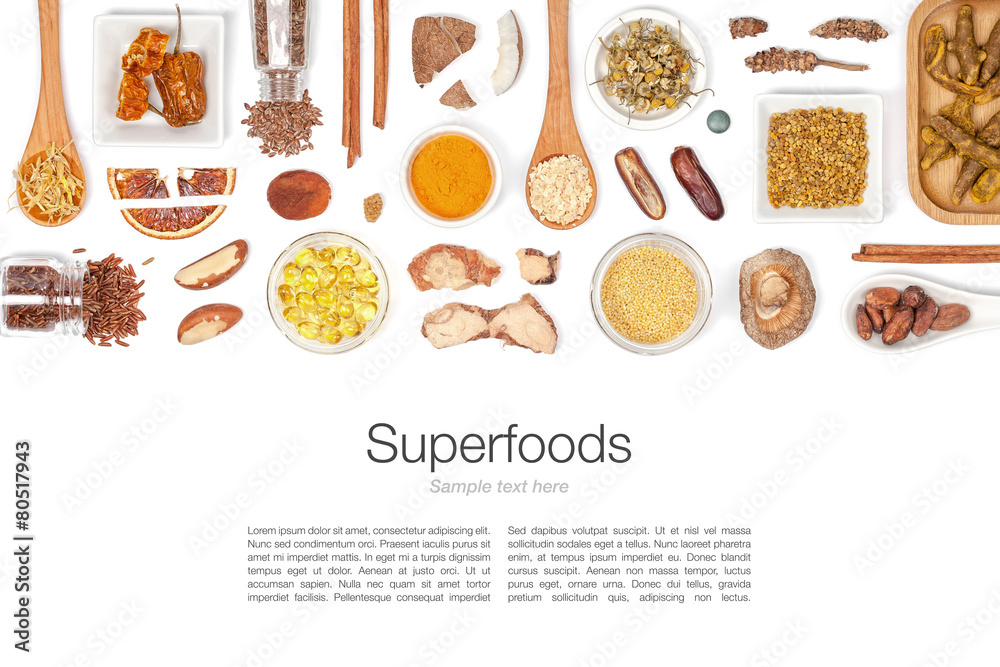 various superfood on white background top view various superfood on white background top view