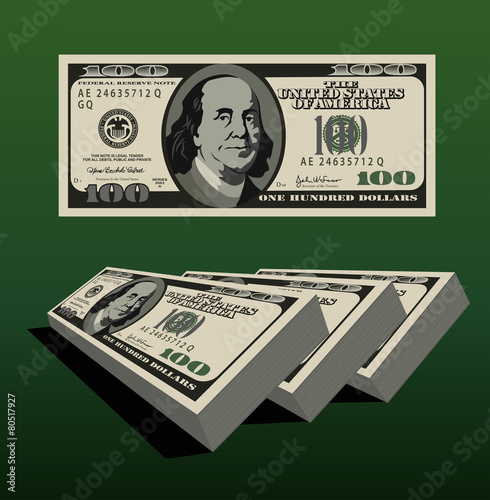 Vector stack of money on one hundred dollars