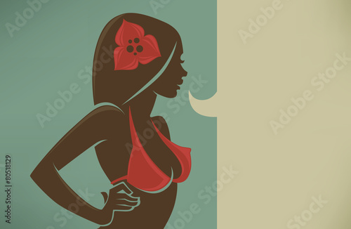 vector tropical background with image of girl in red swim suit