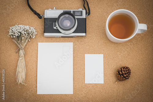 Top view of workspace hipster style with retro effect.