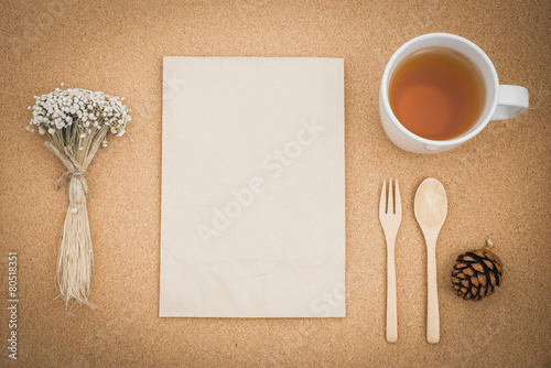 Top view of workspace hipster style with retro effect.