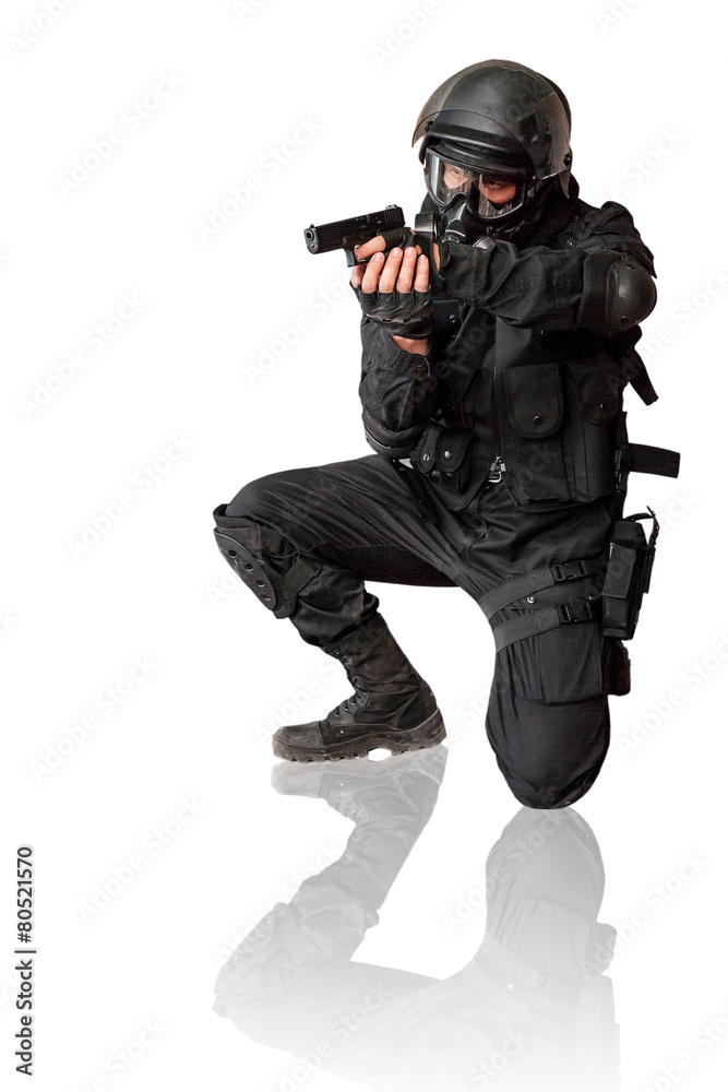 Armed man in protactive cask with a pistol. Isolated on white. Armed man in protactive cask with a pistol. Isolated on white.