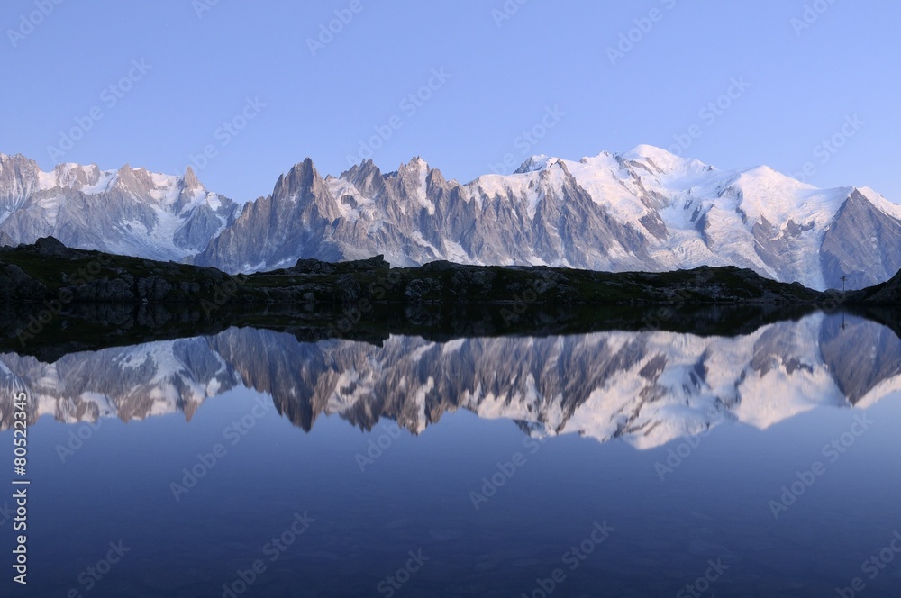 Mont Blanc or Monte Bianco from the Cheserys lake, France