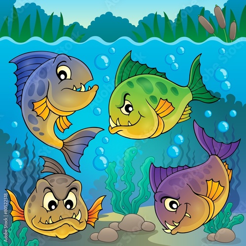 Four piranha fishes underwater