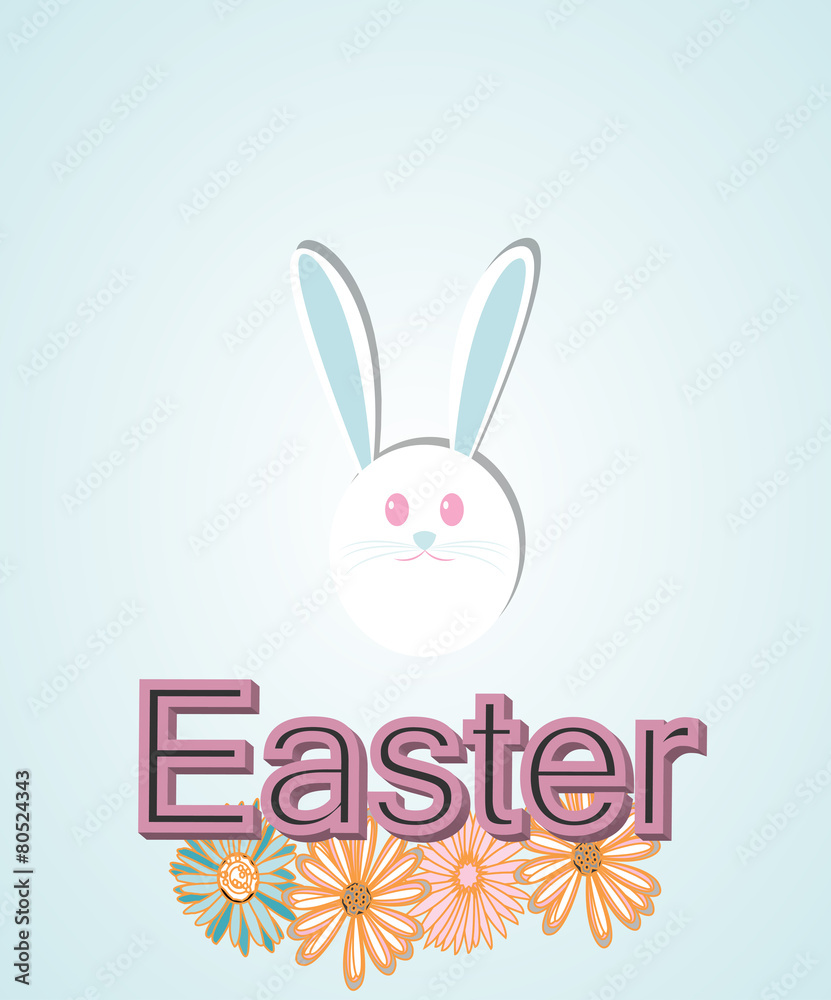 bunny easter, flowers and text over blue color background