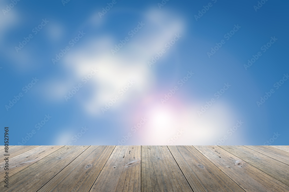 Wood terrace and blurred Blue sky