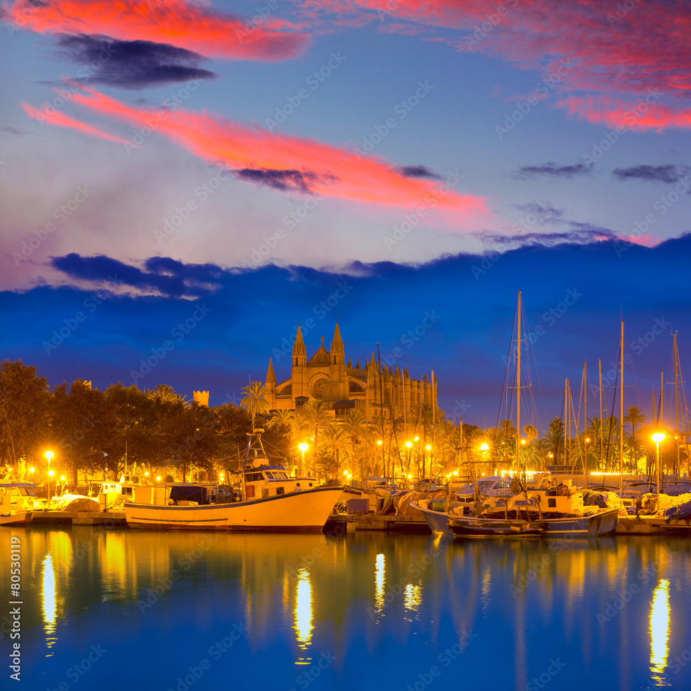 Obraz premium Palma de Mallorca sunrise with Cathedral and port