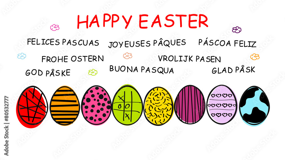 Easter Eggs and Happy Easter in eight Different Languages Stock