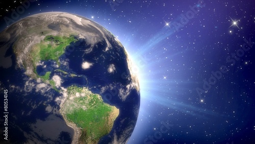 Fototapeta Naklejka Na Ścianę i Meble -  Earth. 3D. Planet Earth with Rising Sun behind