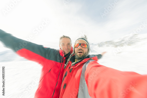 Alpinists selfie on the top