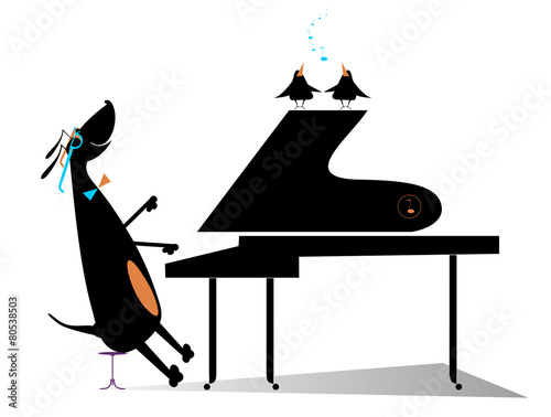 Comic dog plays music by piano and birds pipe