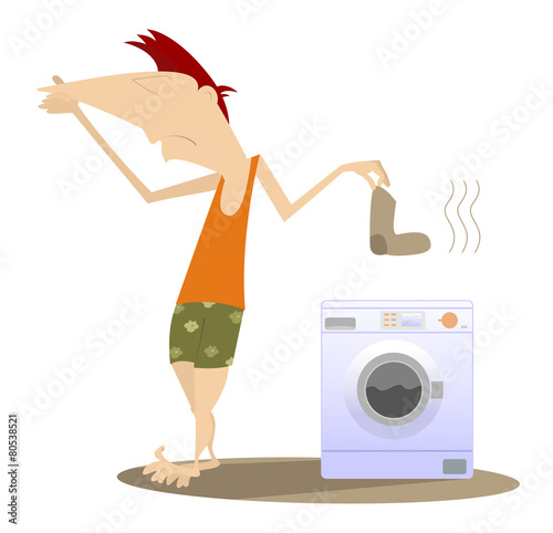 Man holds his nose and going to wash dirty laundry