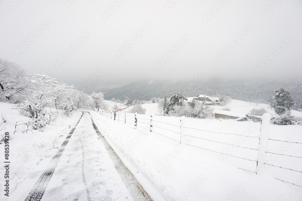 Fototapeta premium winter landscape with road and car track