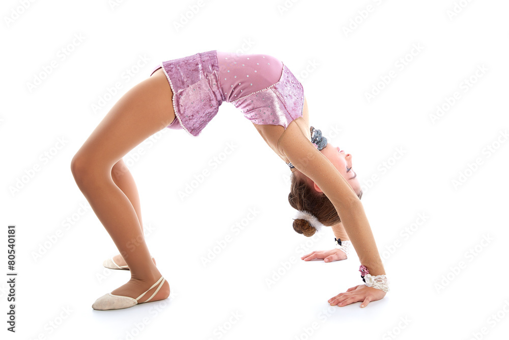 Kid girl rhythmic gymnastics exercises on white Kid girl rhythmic gymnastics exercises on white
