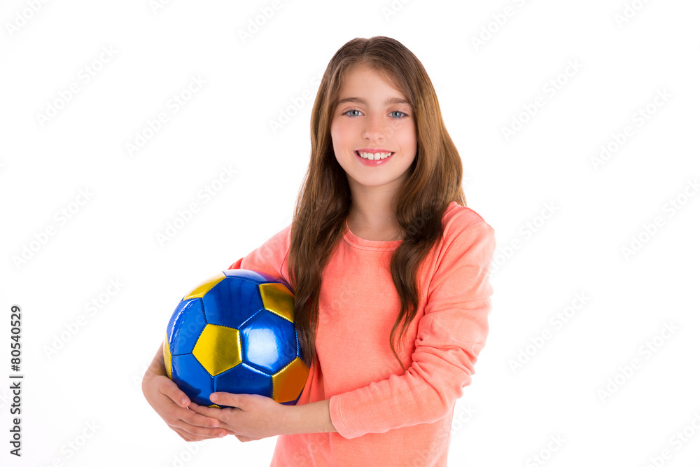 Football soccer kid girl happy player with ball Football soccer kid girl happy player with ball