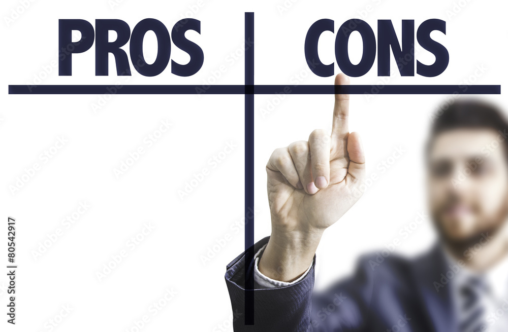 Business man pointing the text: Pros Cons Business man pointing the text: Pros Cons