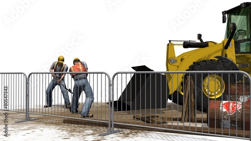 Bulldozer and construction worker isolated on white background