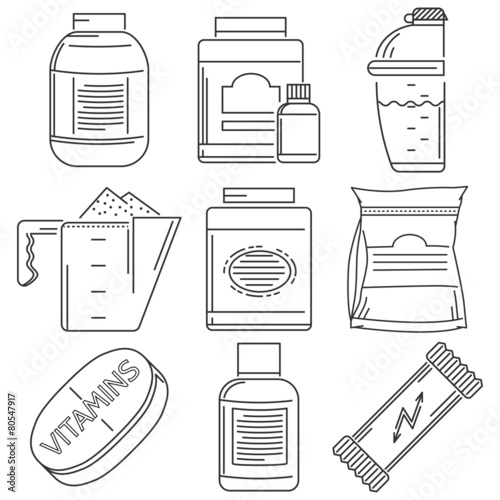Sports nutrition flat line icons vector collection