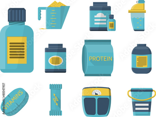 Sport supplements flat blue vector icons