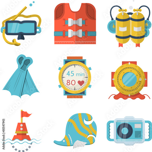 Flat color style diving vector icons