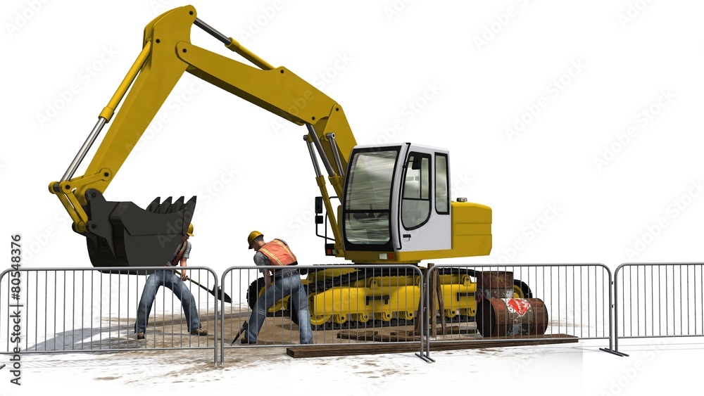 Obraz premium Excavators and construction worker behind roadblock isolated