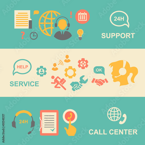 Call center  banners set with support and service    isolated