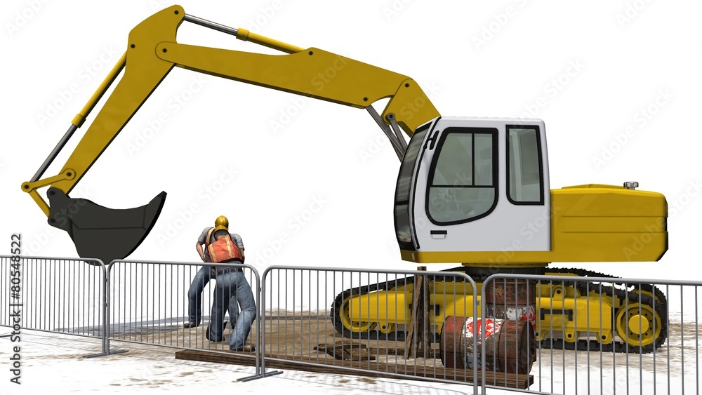 Excavators and construction worker behind roadblock isolated