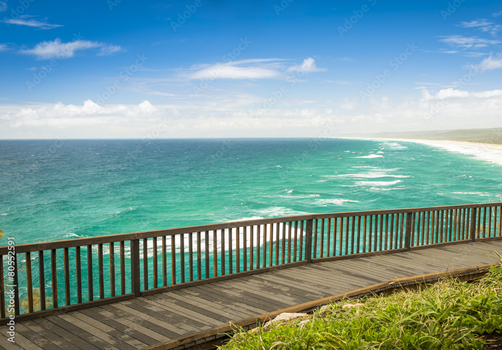 Australian beach lookout on summers day on Stradbroke Island, Queensland