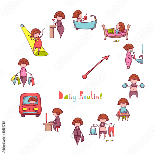 Daily Routine. Vector set with funny girl