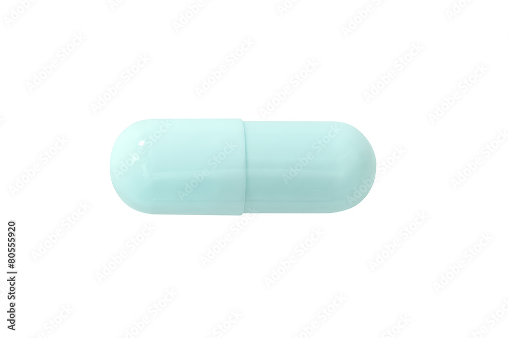 Macro blue medical pill tablet isolated on white
