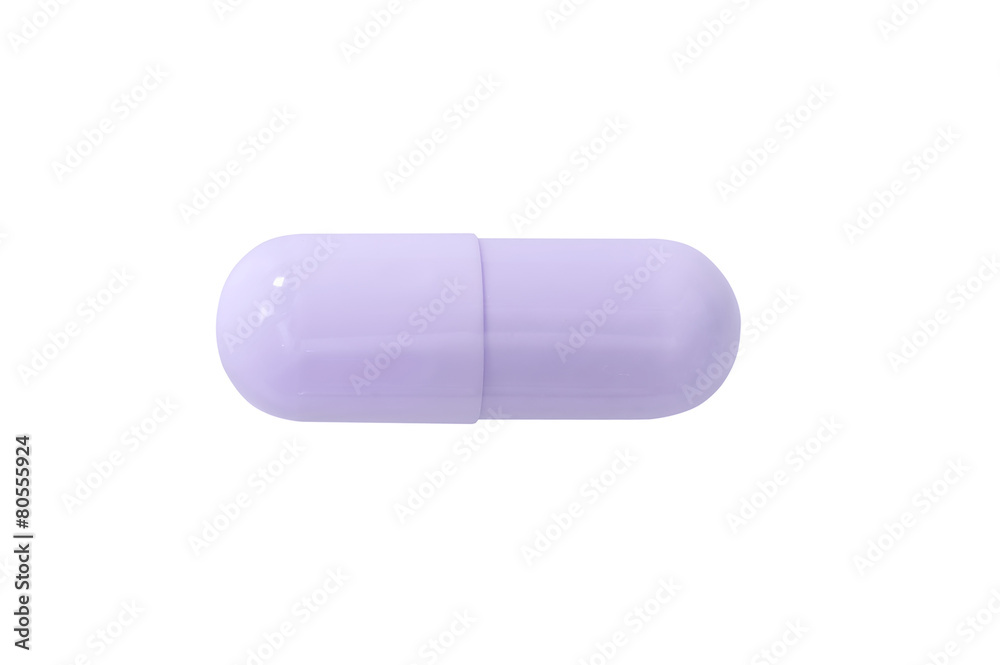 Macro lilac medical pill tablet isolated on white
