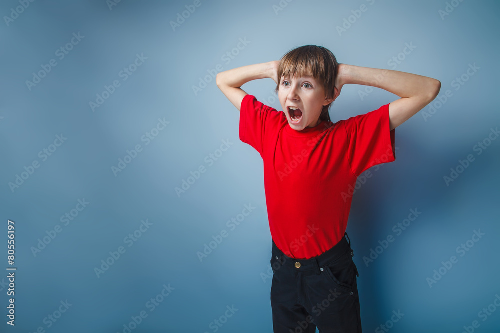 boy teenager European appearance opened his mouth shouts his han boy teenager European appearance opened his mouth shouts his han
