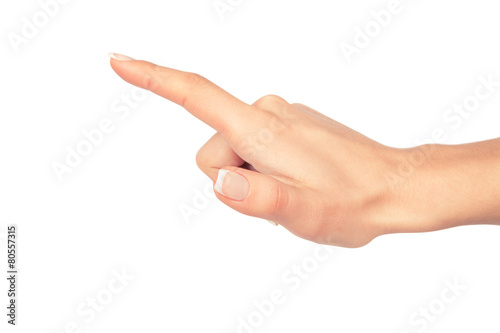Woman's hand press button on white background