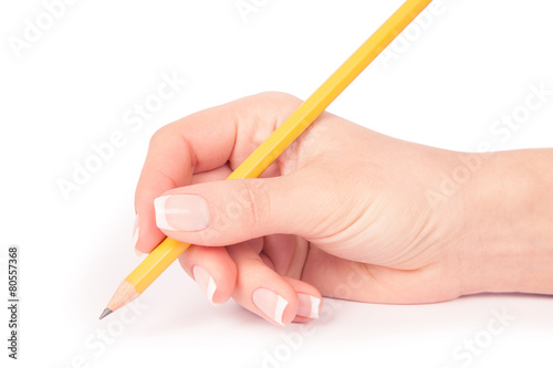 a pencil in a hand is isolated on a white background