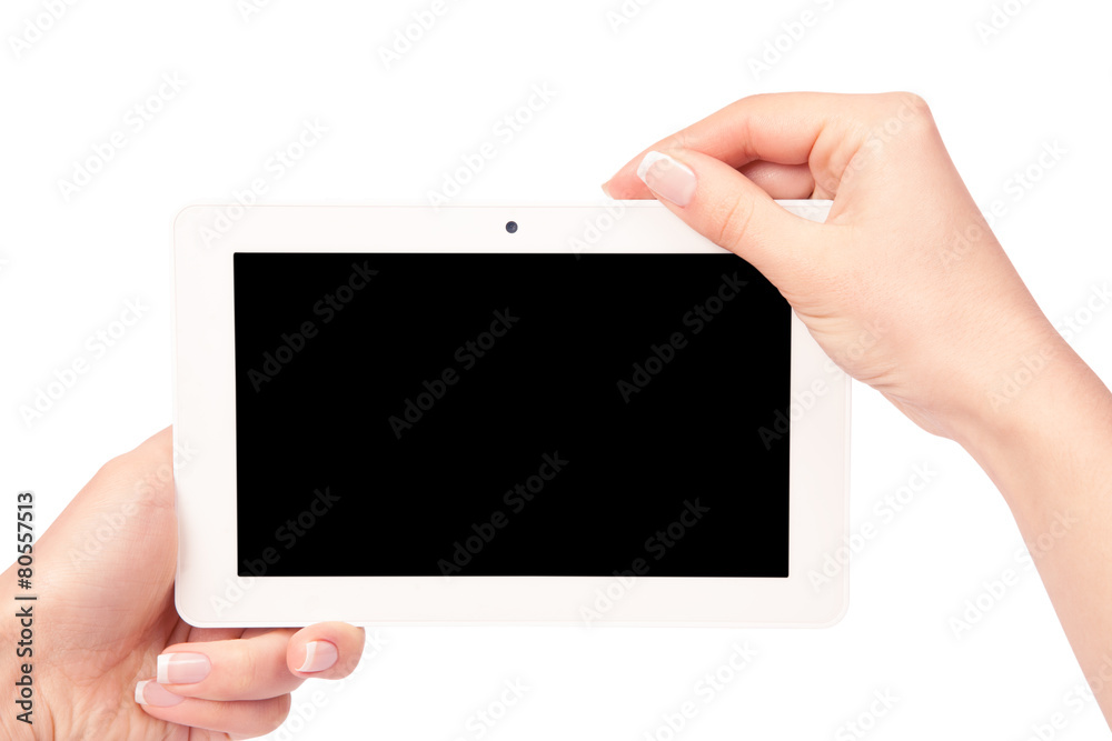 tablet computer isolated in a hand on the white backgrounds tablet computer isolated in a hand on the white backgrounds