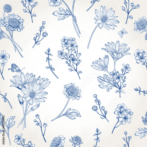 Seamless pattern with blue flowers.