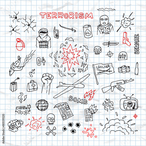 Hand Drawn terrorism doodles on crumpled paper