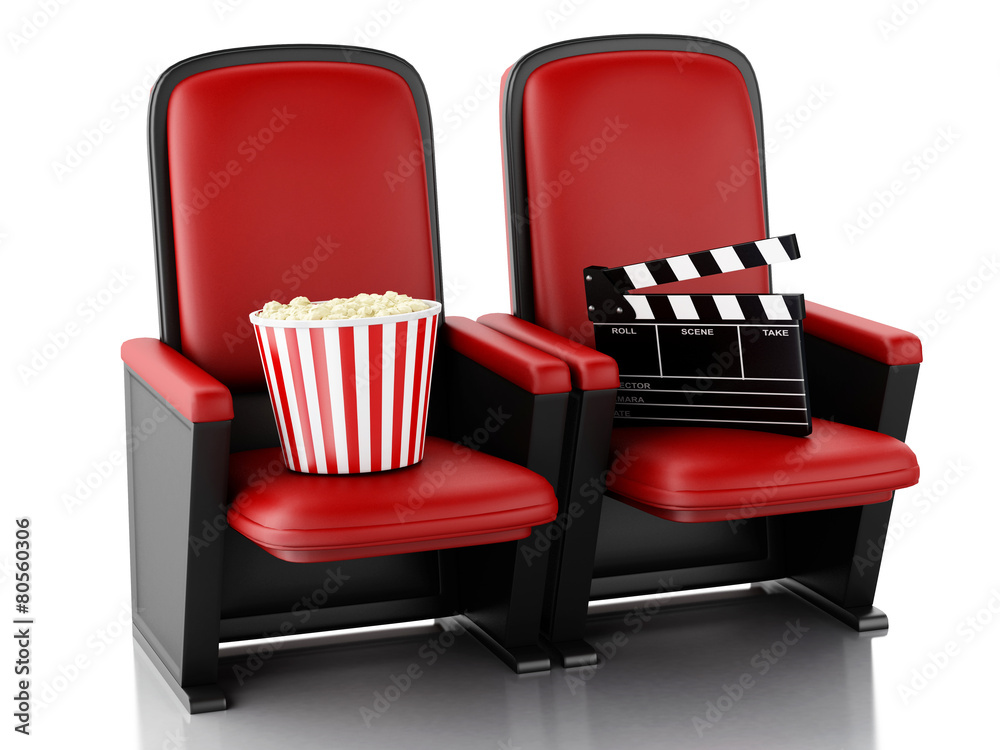 Fototapeta premium 3d Cinema clapper board and popcorn on theater seat.