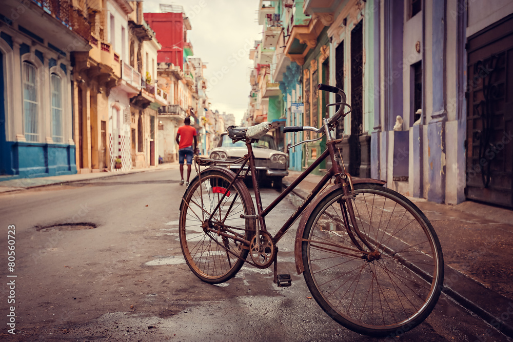 Old bicycle on the street, Havana, Cuba, 20 december 2014.