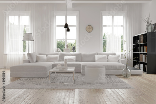 Modernes geräumiges Wohnzimmer im skandinavischen Design © XtravaganT