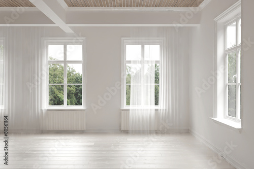 Empty stark white monochrome loft room