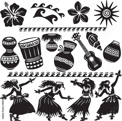 Hawaiian Set with dancers and musical instruments photo