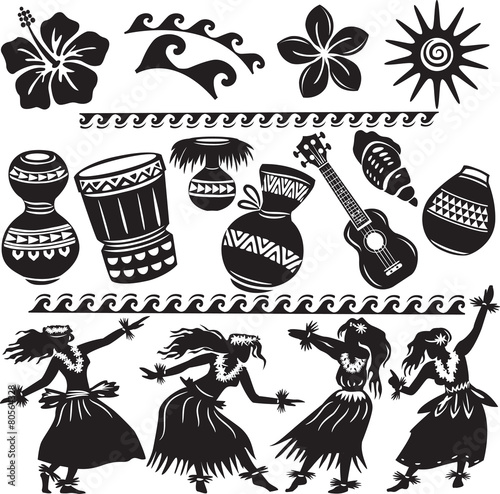 Hawaiian Set with dancers and musical instruments