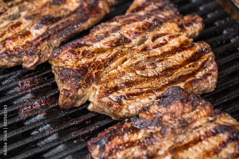 Beef steaks on grill or BBQ